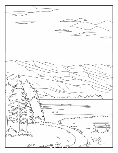 Coloriage du Michigan pour adultes : Dunes de Sleeping Bear avec des crêtes, des arbres et un sentier menant au lac