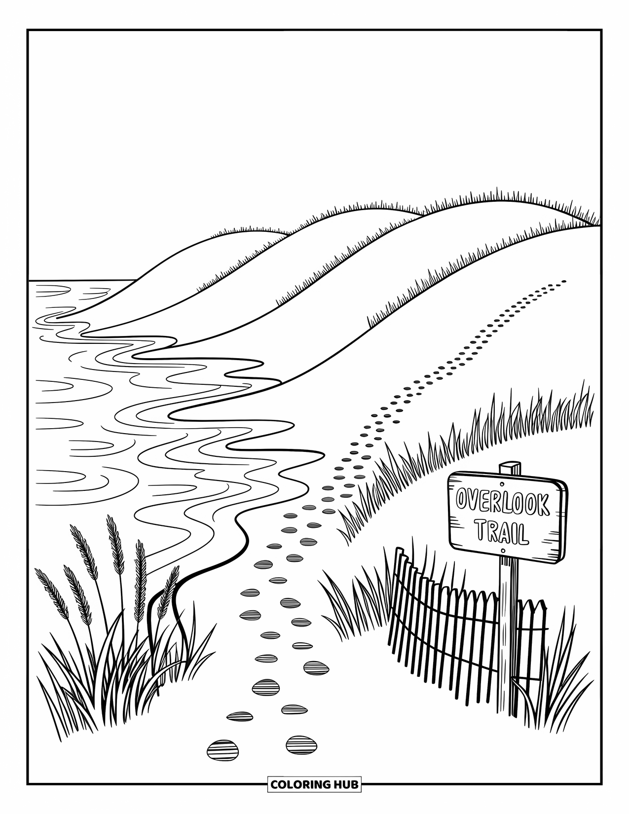 Michigan Coloring Page for Adults: Soft dunes by Lake Michigan with footprints and a weathered sign