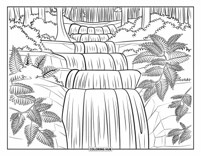 Coloriage du Michigan pour adultes : Chutes de Tahquamenon en cascade sur des rochers avec de la mousse, des fougères et des érables