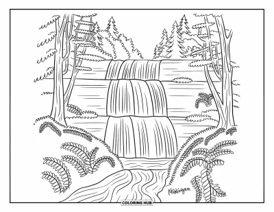 Coloriage du Michigan pour adultes : Chutes de Tahquamenon entourées de forêt et d'une dense végétation