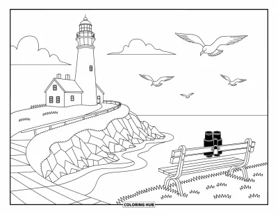 Coloriage du Michigan pour adultes : Grand phare sur une falaise avec un banc, des jumelles et de douces vagues