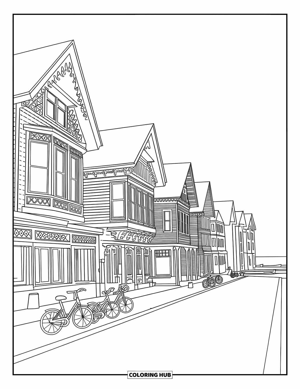 Michigan Coloring Page for Adults: Victorian-style Mackinac Island buildings with bicycles and waterfront