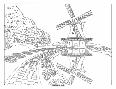 Coloriage du Michigan pour adultes : Scène de Windmill Island avec des massifs de fleurs, un chemin et de beaux détails en mandala