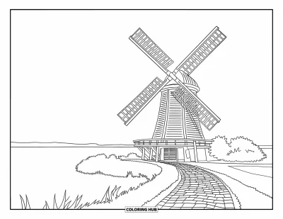 Coloriage du Michigan pour adultes : Moulin à vent sur un chemin pavé avec une eau sereine et des arbres
