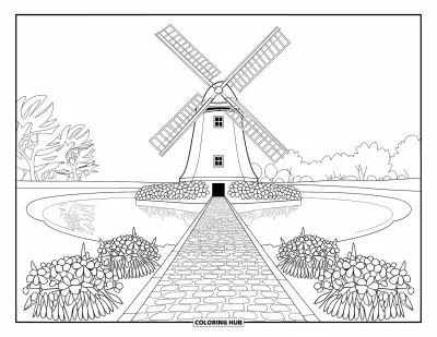 Coloriage du Michigan pour adultes : Moulin à vent sur une île avec un chemin pavé, des massifs de fleurs et un reflet dans l'étang