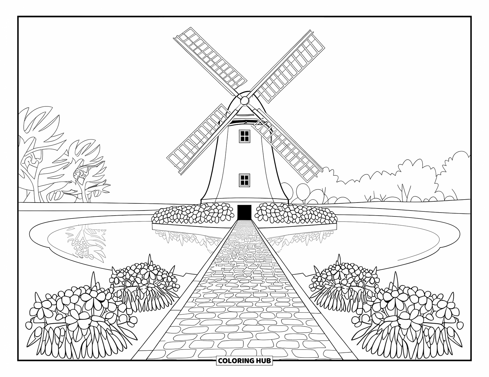 Michigan Coloring Page for Adults: Windmill on an island with cobblestone path, flower beds, and pond reflection