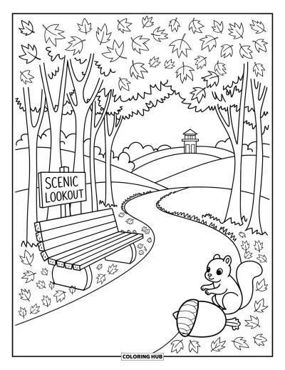 Coloriage du Michigan pour adultes : Sentier forestier avec des feuilles colorées, un écureuil et un panneau Scenic Lookout
