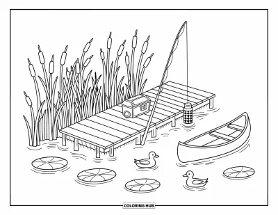 Coloriage du Michigan pour adultes : Ponton en bois sur un lac avec des roseaux, des nénuphars et un canoë
