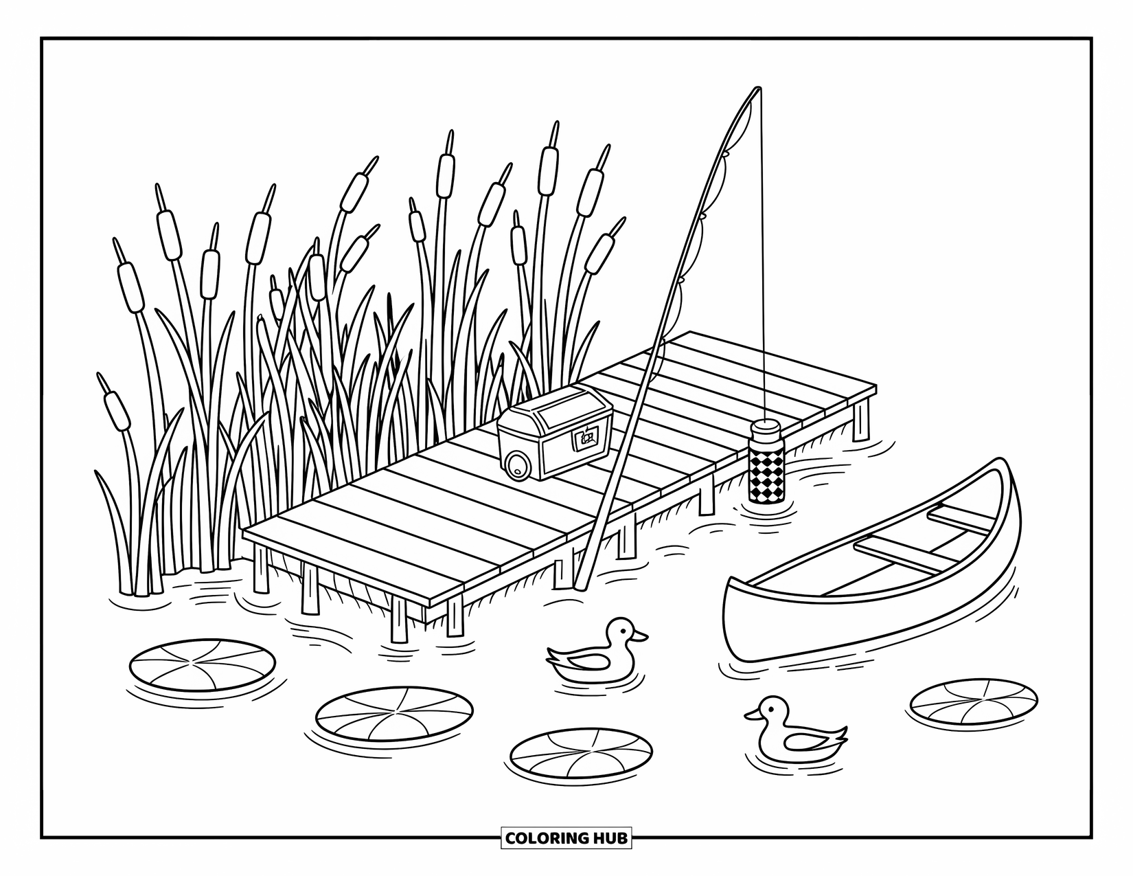 Michigan Coloring Page for Adults: Wooden dock on a lake with cattails, lily pads, and a canoe