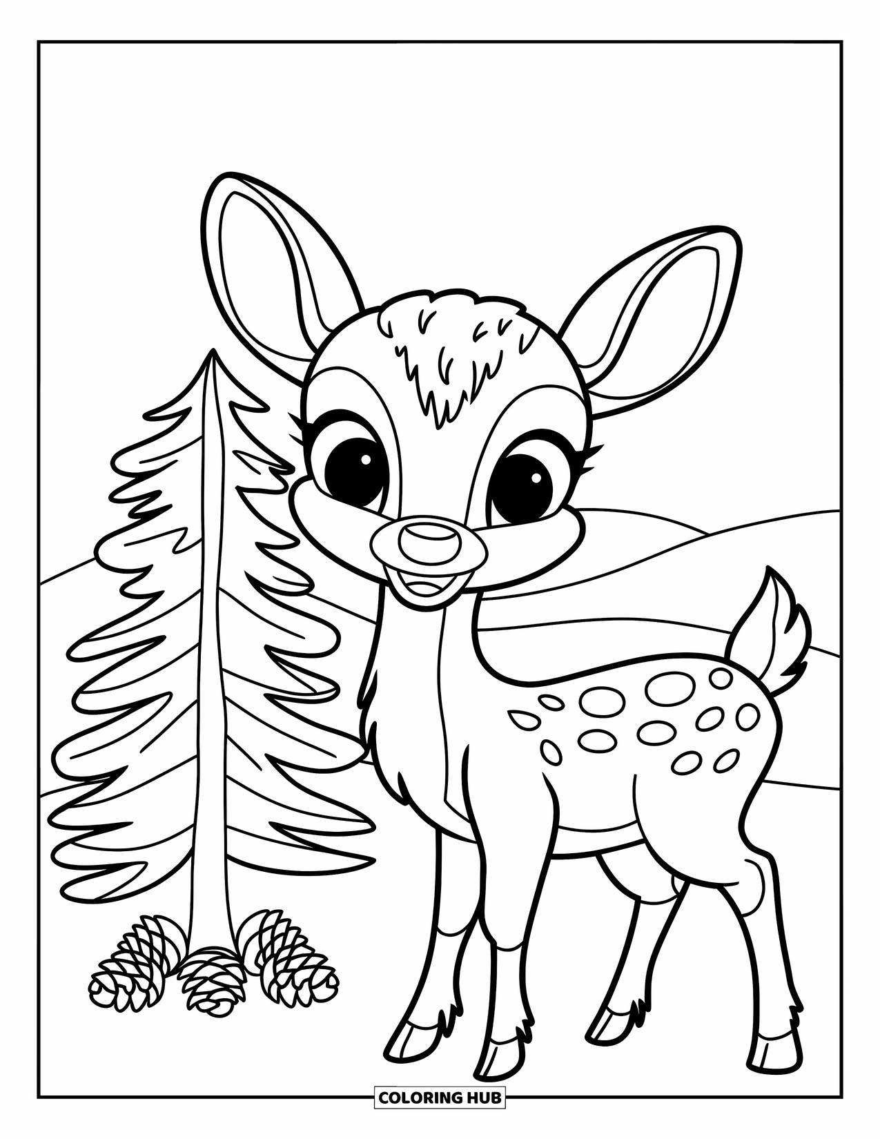 Michigan Coloring Page for Kids: Big-eyed deer beside a pine tree on a clear day