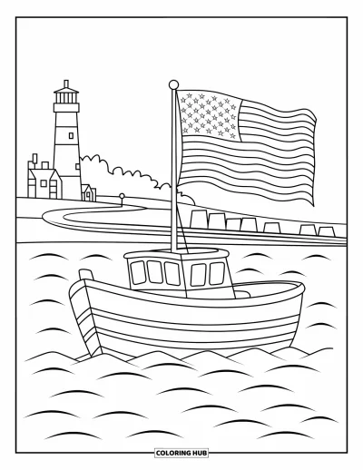 Coloriage du Michigan pour enfants : Bateau pavoisé amarré près d'un phare et d'une ville