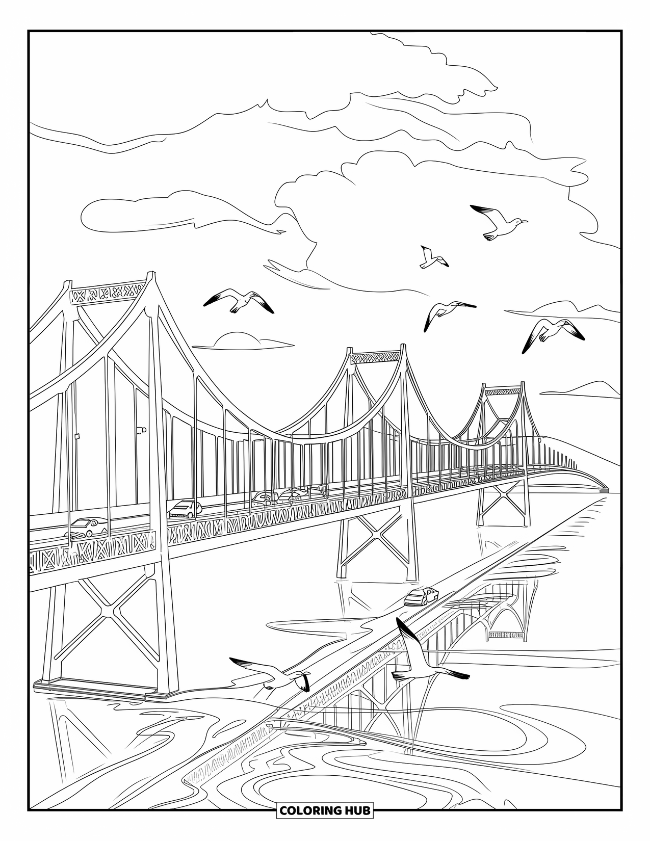 Michigan Coloring Page for Kids: Bridge with three spans reflecting in calm water