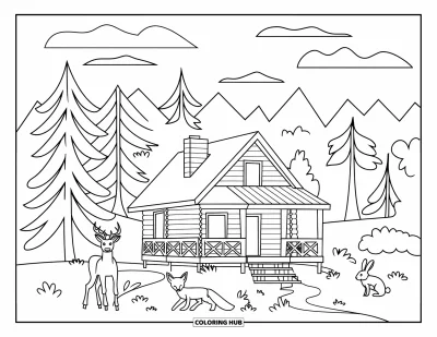 Coloriage du Michigan pour enfants : Cabane dans les pins avec un cerf, un renard et un lapin à proximité