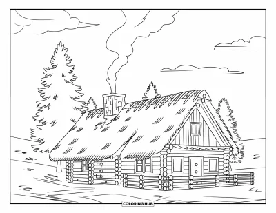 Coloriage du Michigan pour enfants : Cabane avec clôture, sapins et ciel de prairie