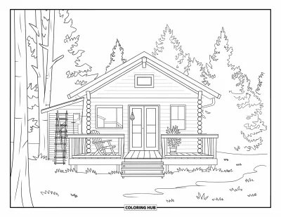 Coloriage du Michigan pour enfants : Chalet avec terrasse et sapins dans la péninsule supérieure
