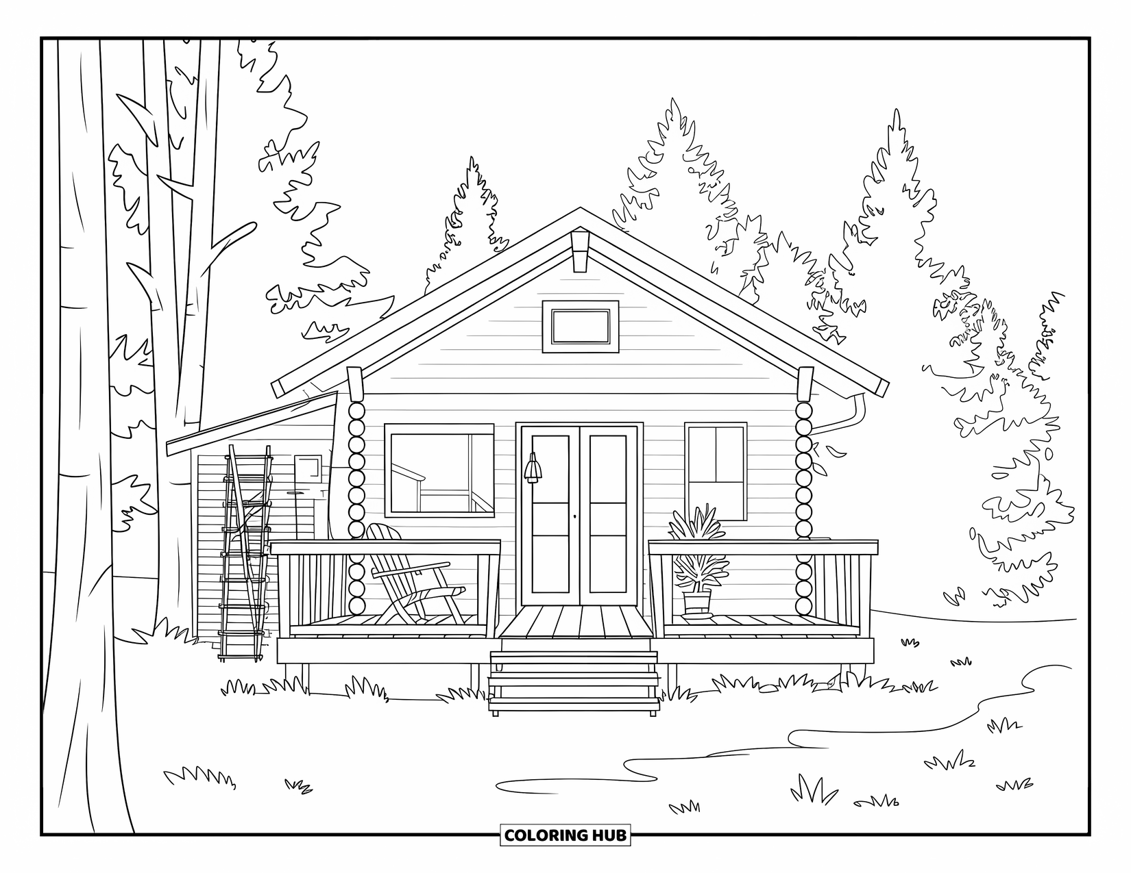 Michigan Coloring Page for Kids: Cabin with porch chair and pines in the Upper Peninsula
