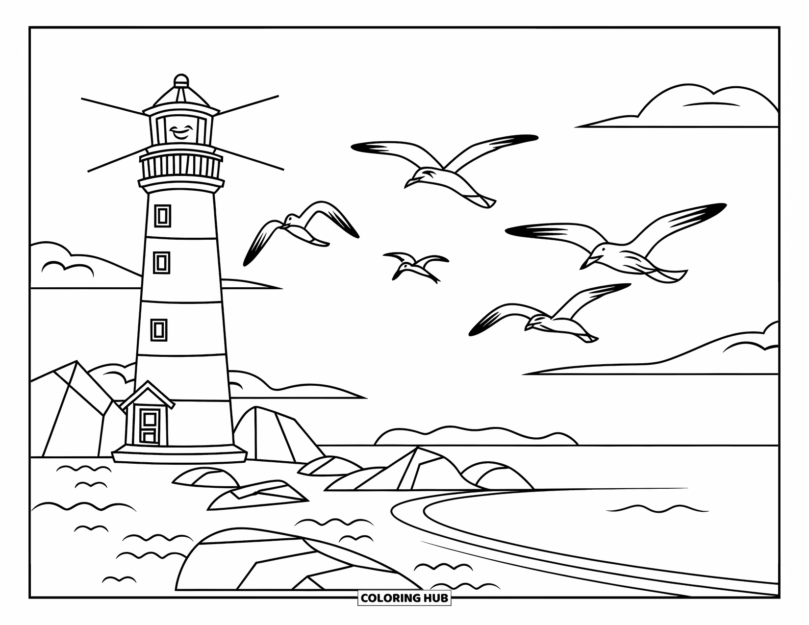 Michigan Coloring Page for Kids: Cheerful lighthouse on rocks with gulls flying overhead