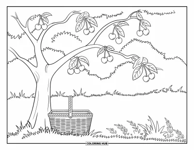 Coloriage du Michigan pour enfants : Cerisier avec un panier de pique-nique posé dessous