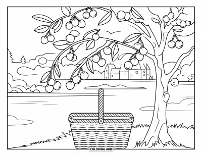 Coloriage du Michigan pour enfants : Cerisier avec un panier et vue sur l'eau au loin