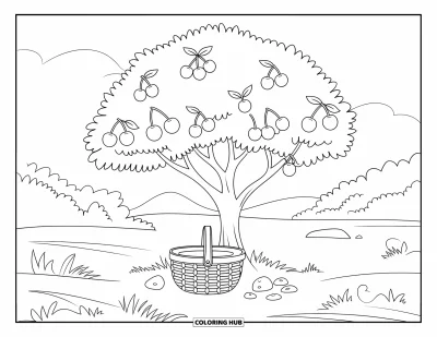 Coloriage du Michigan pour enfants : Cerisier avec un panier, des pierres et un champ ouvert