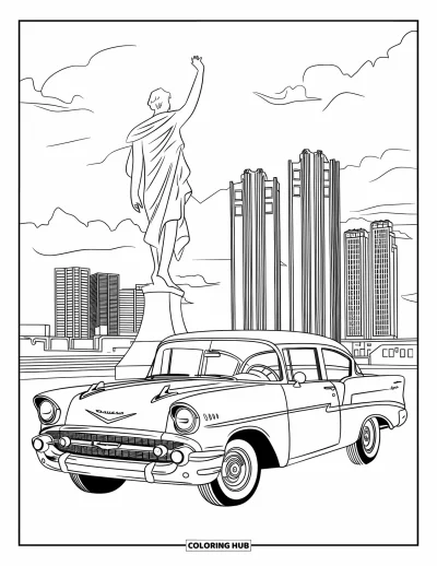 Coloriage du Michigan pour enfants : Voiture Chevy classique garée près de la statue Spirit of Detroit