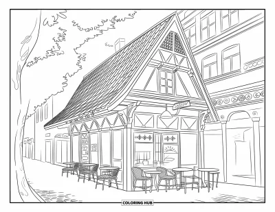Coloriage du Michigan pour enfants : Café chaleureux avec colombages de style bavarois et tables en terrasse sur une rue pavée