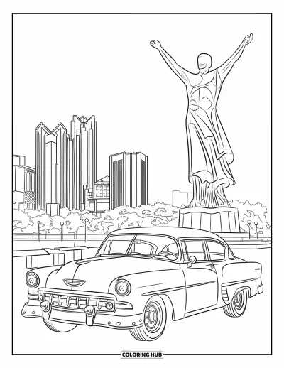 Coloriage du Michigan pour enfants : Voiture vintage à capot arrondi près de la statue Spirit of Detroit