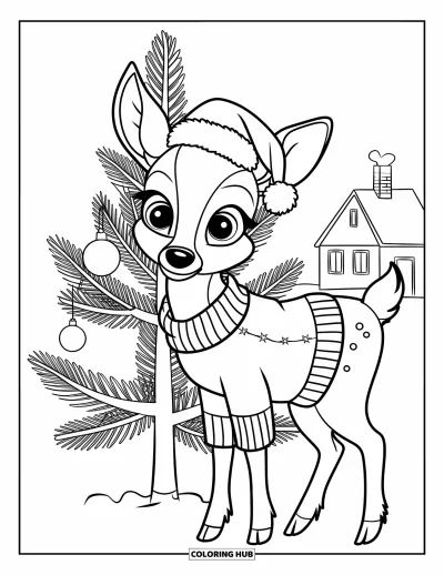 Coloriage du Michigan pour enfants : Cerf en pull et bonnet de Père Noël près d'un sapin