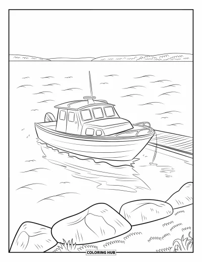 Coloriage du Michigan pour enfants : Bateau de pêche amarré à un ponton sur le lac Michigan