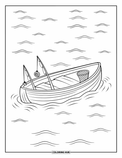 Coloriage du Michigan pour enfants : Bateau de pêche avec cannes et filet sur de légères vagues