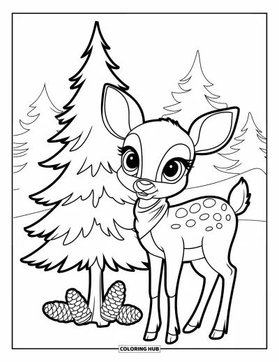 Coloriage du Michigan pour enfants : Cerf souriant portant une écharpe près d'un sapin