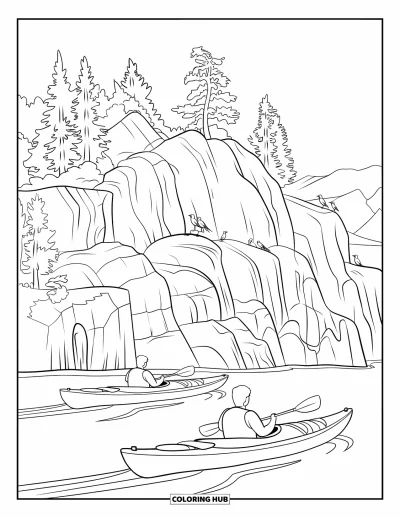 Coloriage du Michigan pour enfants : Kayaks au pied de falaises avec des oiseaux perchés sur des rochers