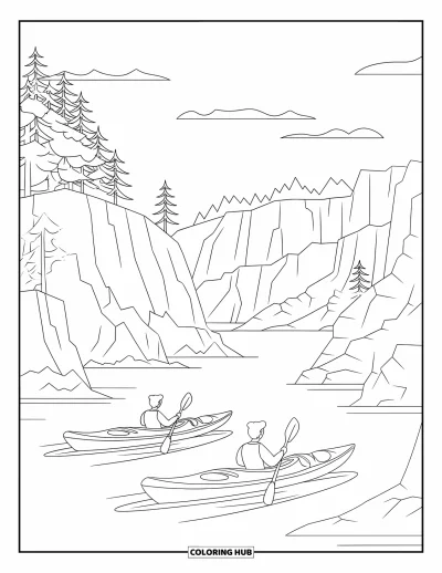 Coloriage du Michigan pour enfants : Kayaks pagayant près de falaises avec de petites îles et des nuages