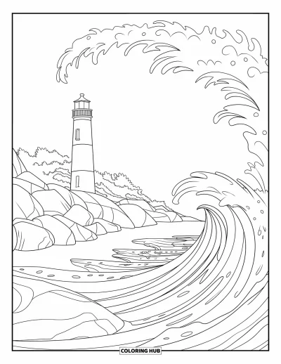 Coloriage du Michigan pour enfants : Phare sur des rochers avec des vagues écumeuses et tourbillonnantes