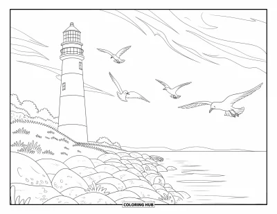 Coloriage du Michigan pour enfants : Phare avec grande lentille sur un rivage rocheux sous un ciel dégagé