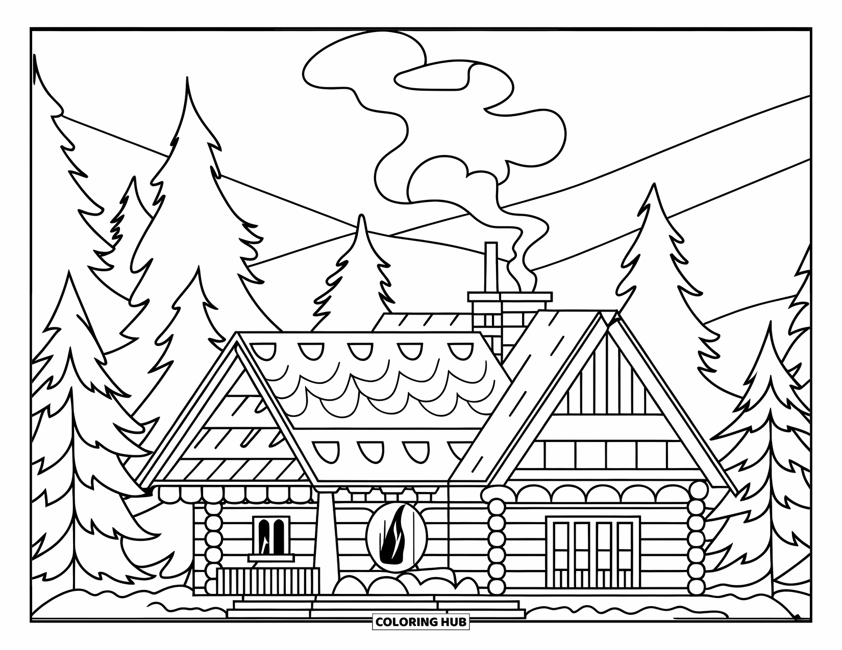 Michigan Coloring Page for Kids: Log cabin with chimney smoke among pine trees and hills