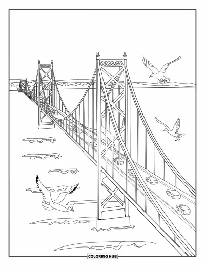 Coloriage du Michigan pour enfants : Pont Mackinac enjambant des eaux calmes avec des mouettes alentour