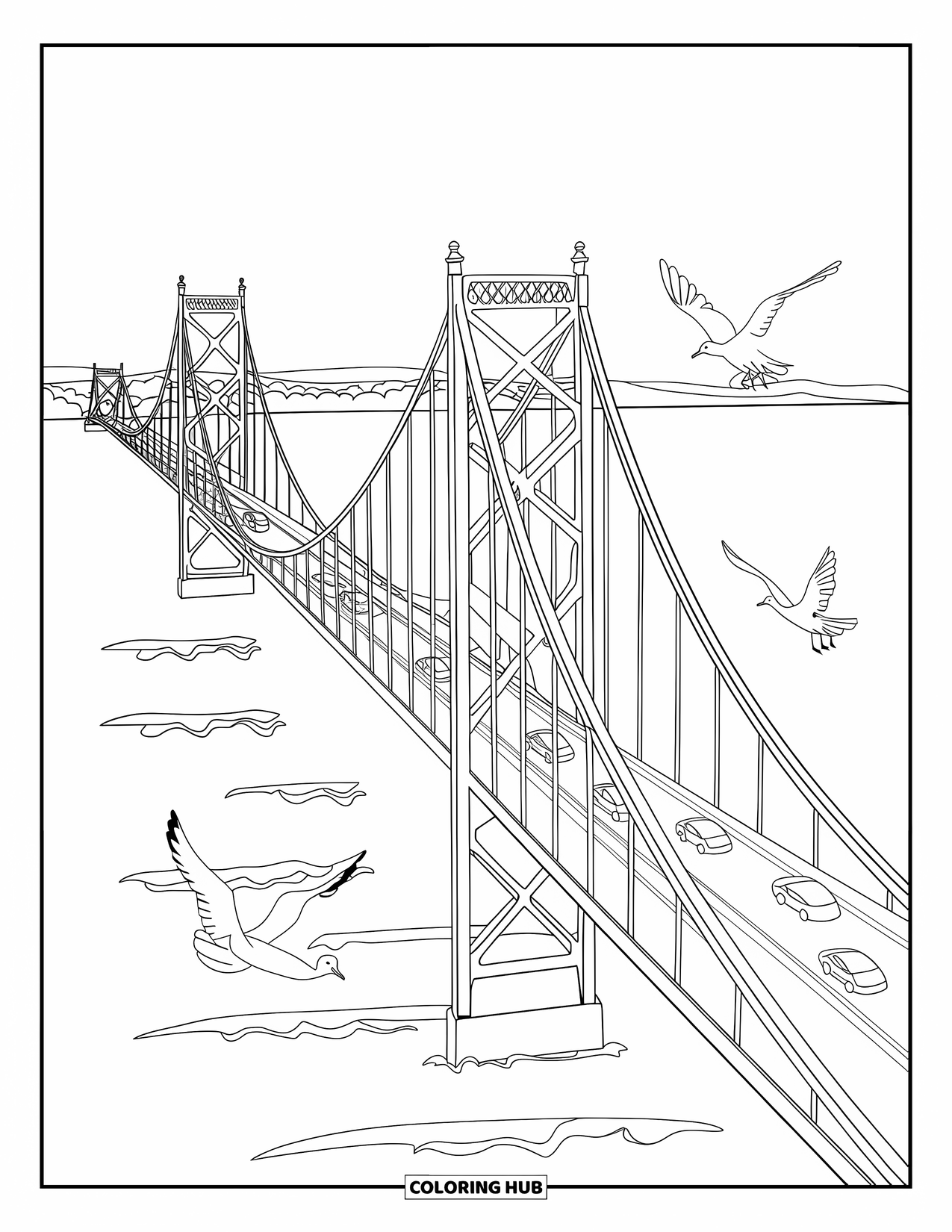 Michigan Coloring Page for Kids: Mackinac Bridge spanning calm water with seagulls nearby