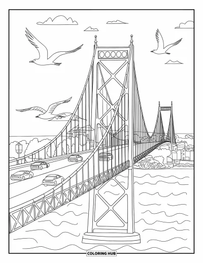 Coloriage du Michigan pour enfants : Pont Mackinac avec voitures, vagues et mouettes en vol