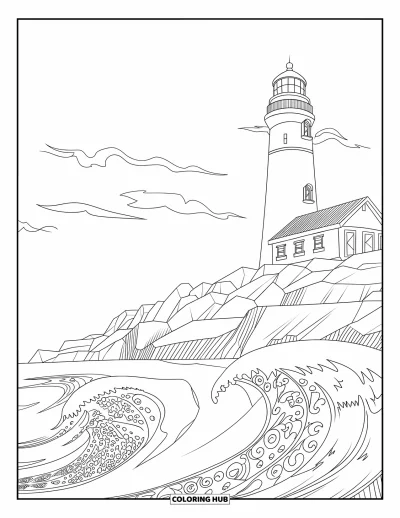 Coloriage du Michigan pour enfants : Phare du Michigan avec des vagues se brisant contre les rochers