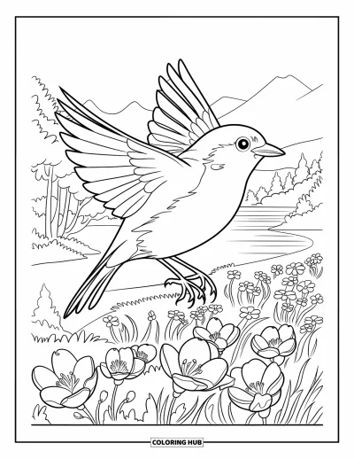 Coloriage du Michigan pour enfants : Rouge-gorge planant au-dessus de fleurs et de collines paisibles