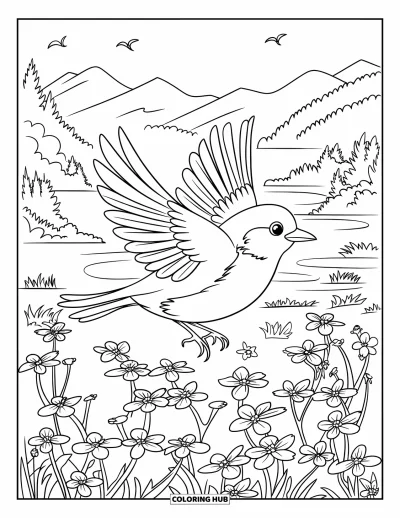 Coloriage du Michigan pour enfants : Rouge-gorge en vol au-dessus de fleurs avec montagnes et plan d'eau