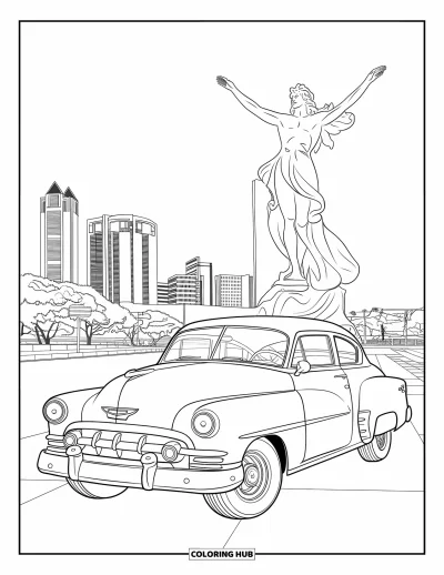 Coloriage du Michigan pour enfants : Voiture vintage arrondie près de la statue Spirit de Detroit et son horizon urbain