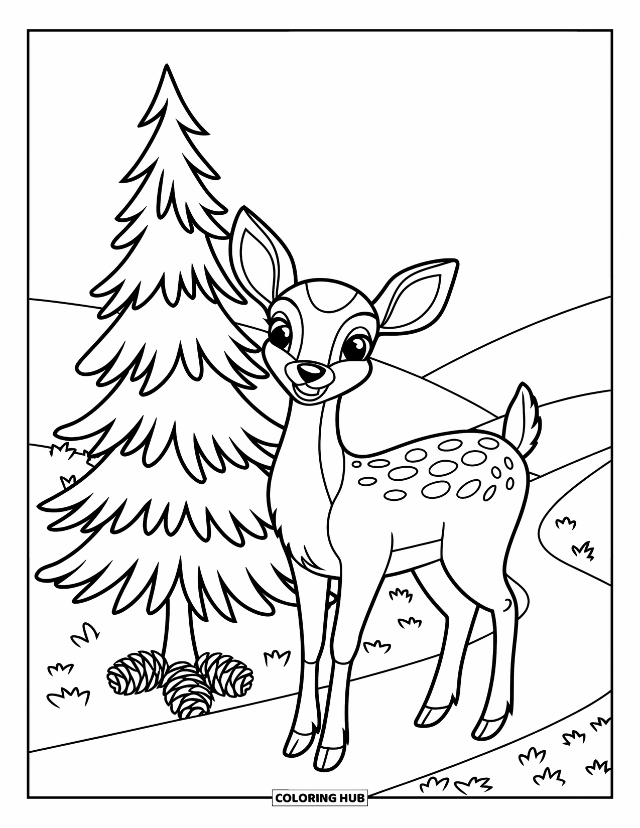 Michigan Coloring Page for Kids: Smiling deer beside a pine tree and rolling hills