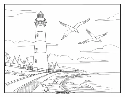 Coloriage du Michigan pour enfants : Phare rayé souriant avec passerelle et mouettes