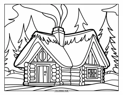 Coloriage du Michigan pour enfants : Chalet enneigé avec fumée de cheminée et atmosphère chaleureuse