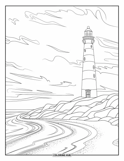 Coloriage du Michigan pour enfants : Phare rayé sur des rochers sous un ciel nuageux