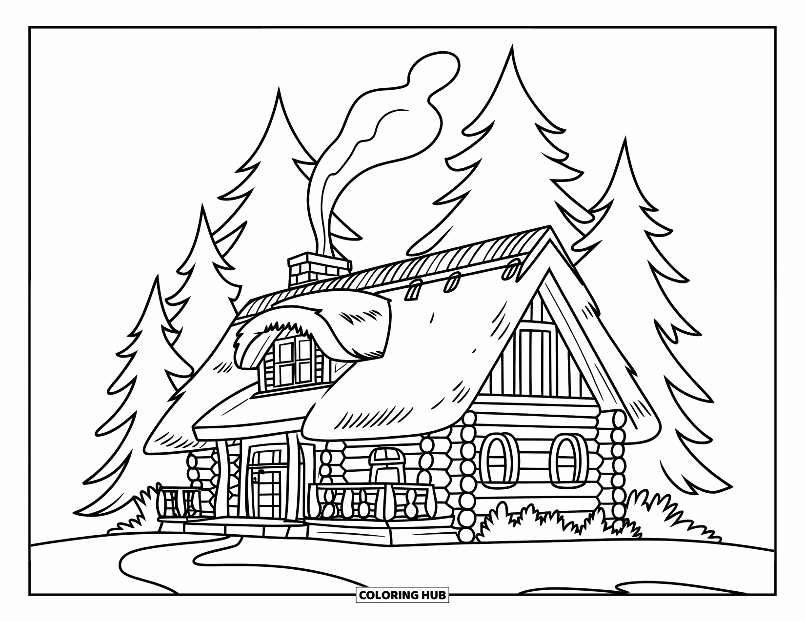 Michigan Coloring Page for Kids: Thatched cabin with chimney smoke and pine trees
