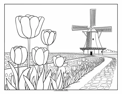 Coloriage du Michigan pour enfants : Champs de tulipes et moulin à vent le long d'un chemin pavé