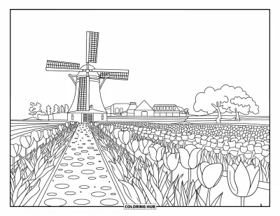 Coloriage du Michigan pour enfants : Champs de tulipes avec un moulin à vent près d'un horizon urbain